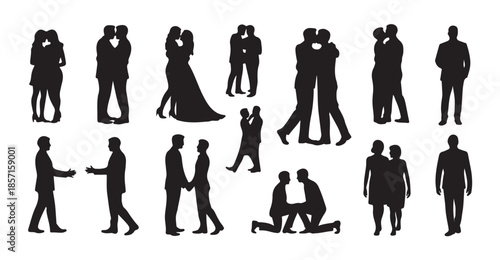 Couples in various relationships showing love connection and diverse interactions silhouette