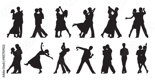 Couples dancing silhouettes ballroom and latin dance styles isolated on white