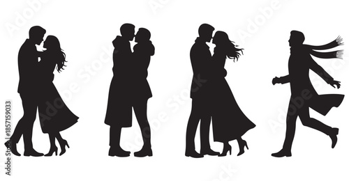 Couple embracing and kissing silhouettes in winter coats isolated on white background