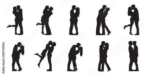 Multiple couple kissing and embracing silhouettes isolated on white background