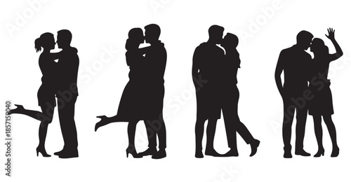 Couple embracing and kissing silhouettes isolated on white background romantic love theme