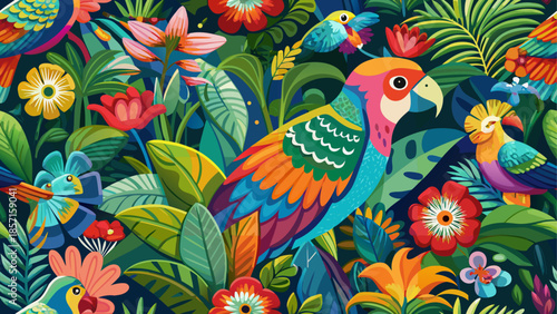 Vibrant tropical birds and flowers