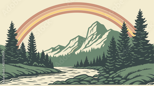 Serene mountain landscape with rainbow
