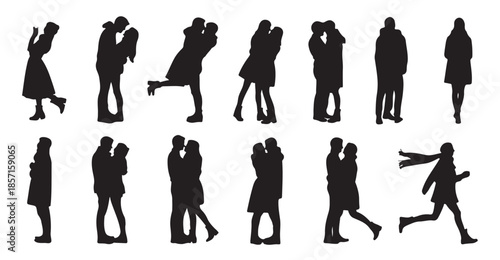 Winter couple silhouettes wearing warm coats and scarves walking together in cold city street