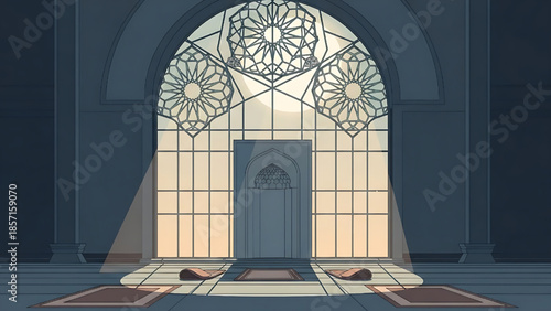 Serene interior of a mosque with intricate geometric window designs and prayer mats bathed in soft sunlight