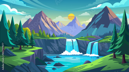 Serene mountain landscape with waterfall
