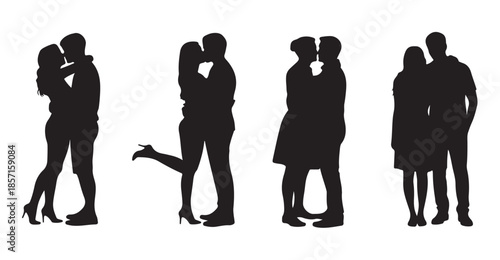 Romantic couple embracing and kissing silhouettes isolated on white background