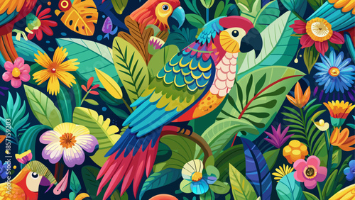Vibrant tropical parrots amidst lush florals