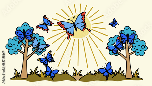 Butterflies fluttering in a sunlit forest