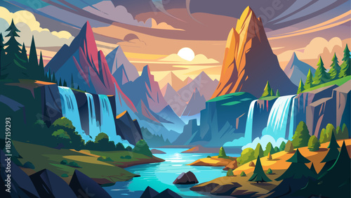 Serene mountain landscape with waterfalls