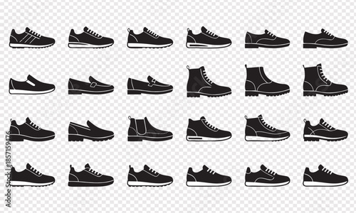 Collection of various shoe styles and types isolated on transparent background