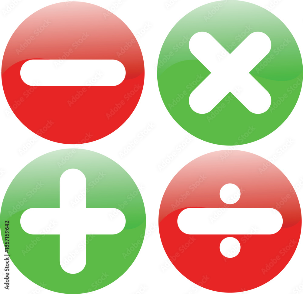 Fototapeta premium Glossy red and green circular buttons displaying basic arithmetic operators: plus, minus, multiply, and divide signs.