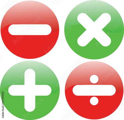 Glossy red and green circular buttons displaying basic arithmetic operators: plus, minus, multiply, and divide signs.