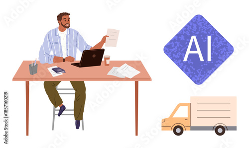 Man working on laptop, analyzing documents with AI integration and logistics concept. Ideal for technology, business, innovation, supply chain, productivity, automation, problem-solving simple flat