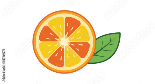 Bright and Colorful Illustration of an Orange Slice with a Green Leaf on a White Background
