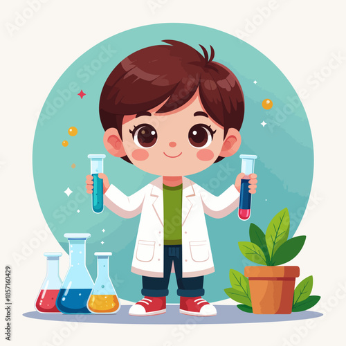 A cute cartoon boy scientist holding test tubes with colorful liquids in a lab setting, surrounded by beakers and a plant.