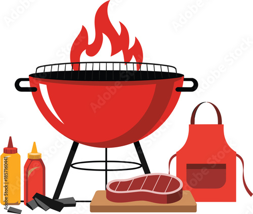 Red barbecue grill with fire flames and raw steak on board plus apron and sauce bottles isolated on white background,