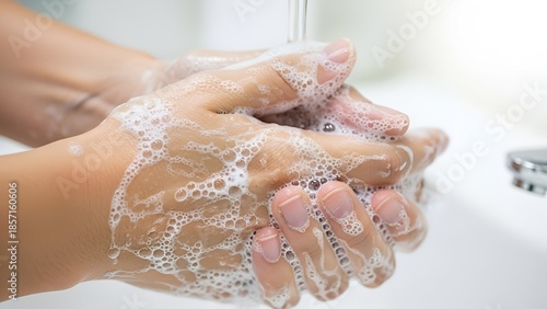 Close-up of hands being thoroughly washed with soap and water, emphasizing hygiene and cleanliness