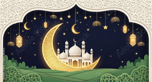 Crescent moon and mosque background