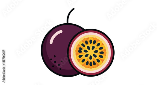 Vibrant illustration of a whole and halved purple passion fruit showcasing its tropical inner flesh
