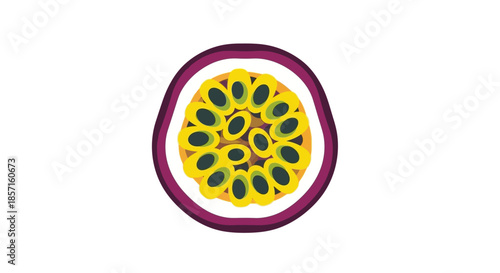 Vibrant Cross-Section of Passionfruit Showcasing its Bright Yellow Seeds and Unique Interior Design