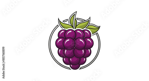 Stylized illustration of a vibrant purple grape cluster with green leaves on a white background