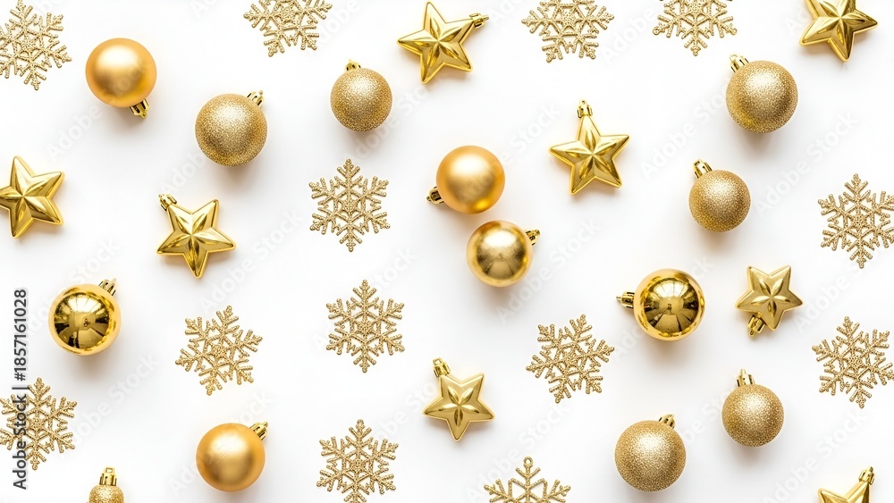 Fototapeta premium Elegant golden christmas ornaments arranged on a pristine white background for festive appeal