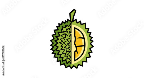 Cartoon Illustration of a Durian Fruit Cut in Half Showing Its Spiky Exterior and Yellow Flesh