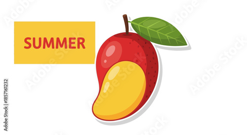 Colorful Illustration of a Red Apple and Mango Fruit with Summer Label