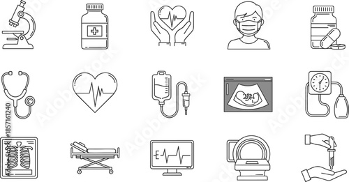 Medical healthcare vector icons set, hospital equipment, cardiology, rt