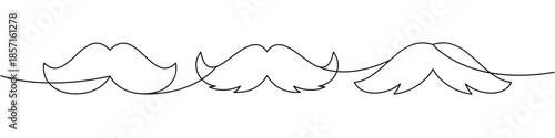 Minimal moustaches continuous line art set. Vector whisker illustrations in abstract one line style for retro hipster branding, barbershop logos and design projects.