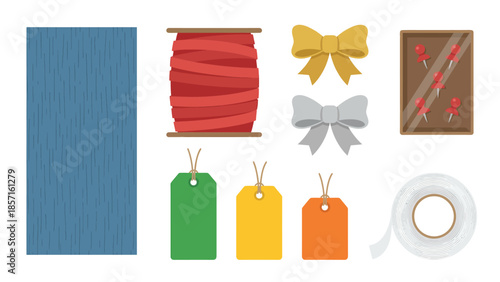 Gift Wrapping Supplies Flat Lay Ribbon Bows Tags Tape and Thumbtacks for Packaging and Crafting Overhead View