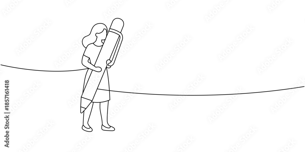 Obraz premium Woman carrying oversized pen. Minimalist line vector illustration of female character with large ballpoint pen
