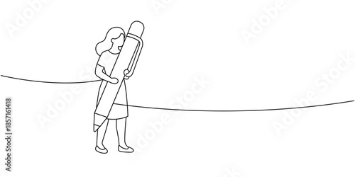 Woman carrying oversized pen. Minimalist line vector illustration of female character with large ballpoint pen