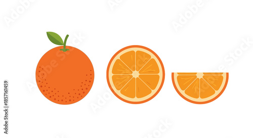 Minimalist Illustration of an Orange Whole and Its Cross Sections Showing Bright Color and Texture