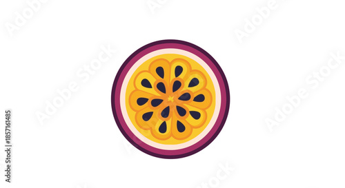 Stylized illustration of a passion fruit cross-section with vibrant colors and abstract design