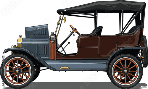 Vintage antique touring car vector illustration with open sides canvas top spoked wooden wheels and brass radiator details.