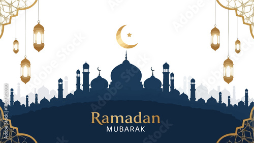 Ramadan Mubarak greeting card with mosque silhouette and hanging lanterns on a white background with gold accents and a crescent moon.