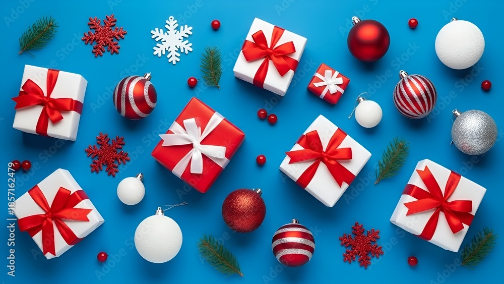 Fototapeta premium Festive flat lay arrangement of christmas gifts and ornaments on a vibrant blue surface