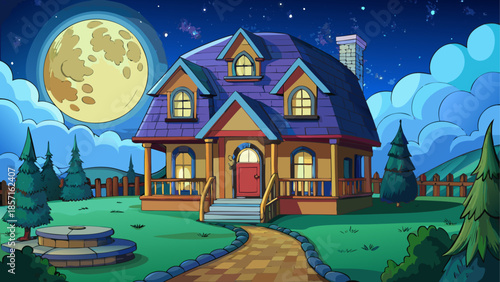 Cozy cottage under moonlit night
