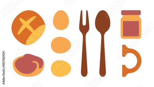 Simple Flat Illustration of Breakfast Icons Bread Eggs Jam Jar Cutlery and Coffee Cup