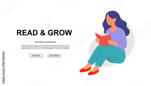 Flat illustration banner with seated woman reading book and READ GROW title in bold font