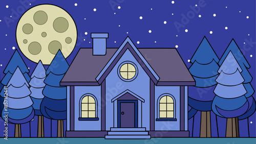 Cozy cottage under moonlit night