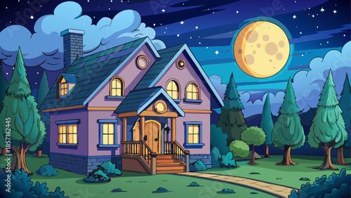 Whimsical cottage under moonlit night