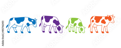 Set of cows in various poses and colors. Modern cartoon-style livestock icons
