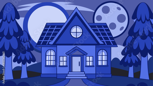 Blue house under moonlit night