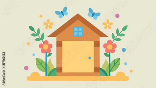 Charming cottage surrounded by flowers and butterflies