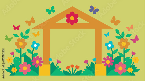 Colorful garden pavilion with flowers and butterflies