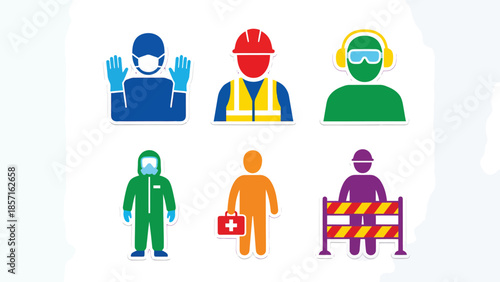 Set of Six Colorful Safety and PPE Icons Construction Healthcare Hazard and First Aid
