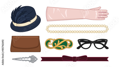Vintage Feminine Accessories Collection Hat Gloves Pearls Glasses Brooch Clutch Hair Clip Bow Tie